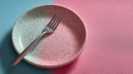 Empty plate with fork on pink and blue background. Top view.の素材