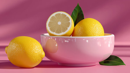 Lemons in a bowl on a pink background. 3d renderingの素材