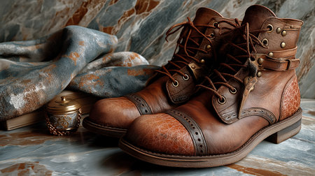 Pair of brown boots on a marble background. Selective focus.の素材