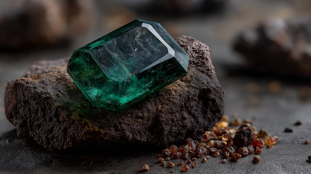Emerald gemstone on black stone background. Macro shot with shallow depth of fieldの素材