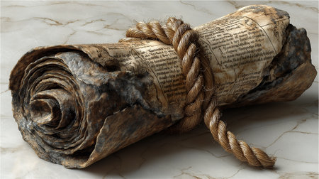 Old book tied with rope on a marble background. 3d renderingの素材
