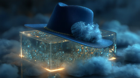 3d illustration of a blue hat with a bow in the smokeの素材