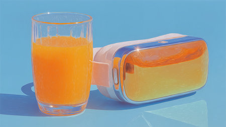 Orange juice in a glass with a toaster on a blue backgroundの素材