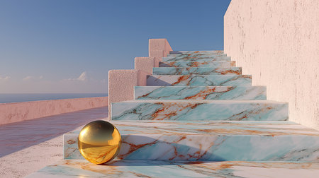 3d render of abstract background with marble steps and golden sphere.の素材