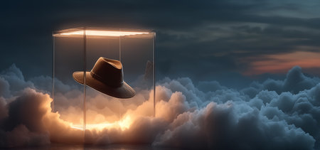 Illustration of a silhouette of a cowboy hat in a glass showcaseの素材