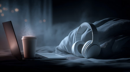 Laptop, coffee cup and headphones on a bed in the darkの素材