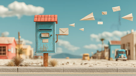 Mailbox on the street with paper planes flying around. 3d renderingの素材
