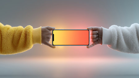 Hand holding smartphone with blank screen on gray background. 3d renderingの素材