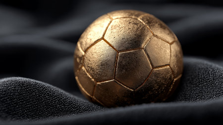 Gold soccer ball on a black cloth background. Close-up.の素材
