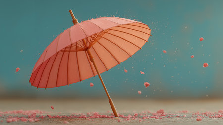 Umbrella and pink sprinkles on blue background with copy spaceの素材