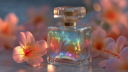 Perfume bottle with pink hibiscus flowers, 3D renderingの素材