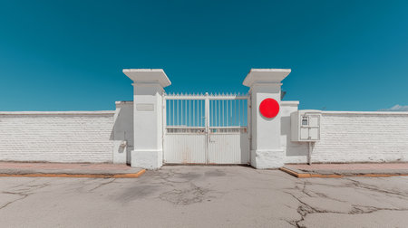White gate with red flag of Japan against blue sky. 3d renderingの素材
