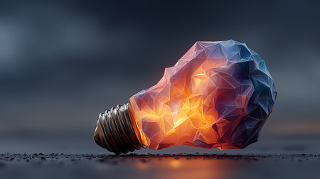 Low poly light bulb on dark background. 3D rendering illustration.の素材