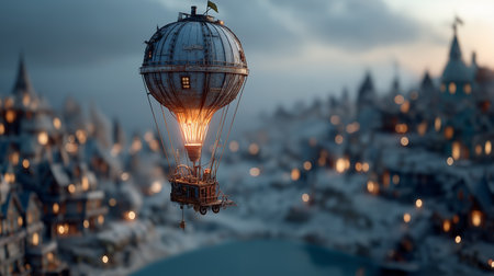 Hot air balloon flying over the city at night. 3d renderingの素材