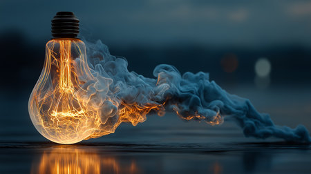 Incandescent light bulb with smoke on dark background. 3D rendering.の素材