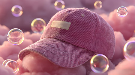 Pink baseball cap and soap bubbles. 3D illustration. 3D rendering.の素材
