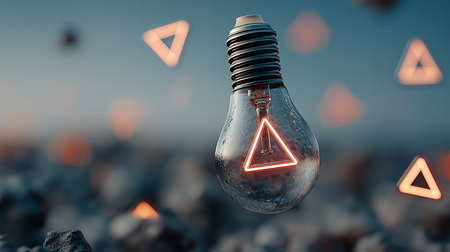 Conceptual image of a glowing light bulb with warning sign. 3D renderingの素材