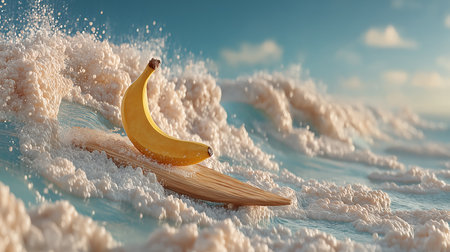 Banana on the beach in the sea. 3d illustration.の素材