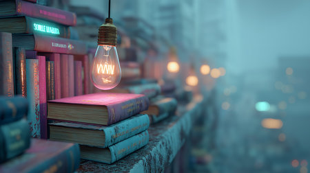 Idea concept with glowing light bulb on books. 3D renderingの素材