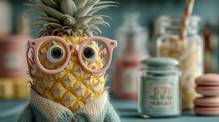 Pineapple with glasses and macaroons on table, closeupの素材