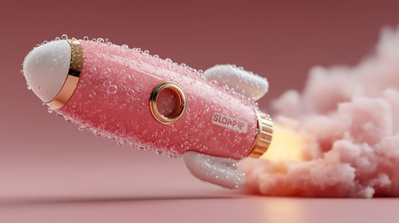 3d rendering of a pink rocket with water droplets on itの素材