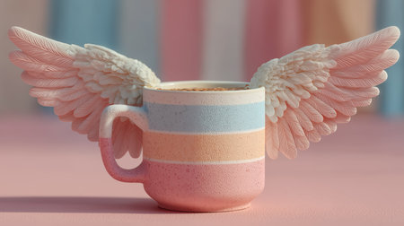 Cup of coffee with wings on pastel background. 3d renderingの素材