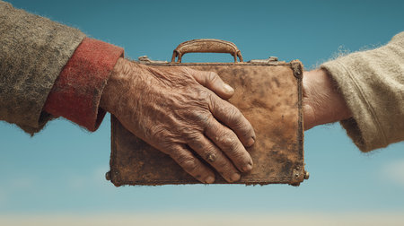 Old man's hands holding an old suitcase on a blue sky backgroundの素材