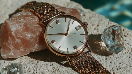 Wristwatch on stone background. Luxury wristwatch with precious stonesの素材