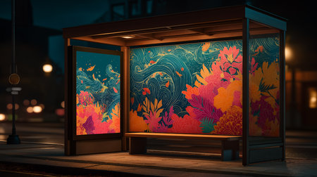 Illuminated bus stop at night in the city. 3d renderingの素材