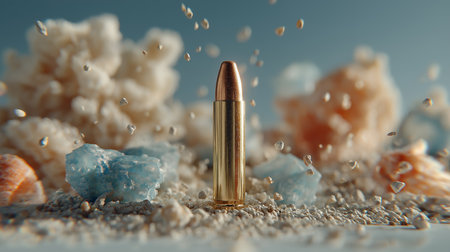 9 mm bullet on the sand with water drops, 3d renderingの素材