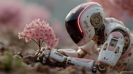 3D rendering of a robot with sakura blossoms in the backgroundの素材
