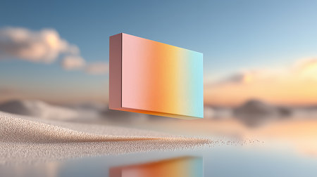 3d rendering of a cube in the sand against a sunset skyの素材