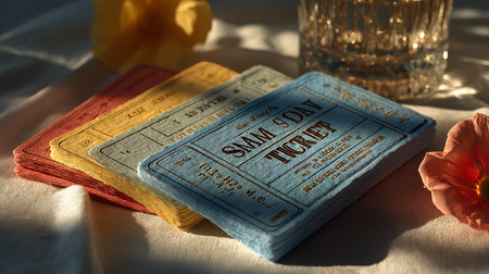 Passport and tickets on the table in sunlight, close-upの素材