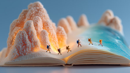 Miniature people running on open book. 3d illustration of miniature people running on open book.の素材
