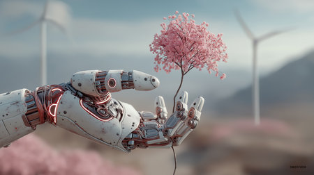3D rendering of a robot holding a plant in his hand.の素材