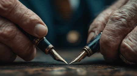 Closeup of an old man's hand holding a fountain pen.の素材