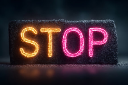 Stop glowing neon sign on dark background. 3D rendering illustration.の素材