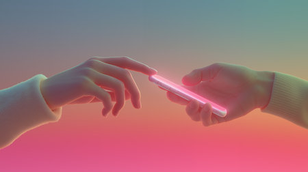 Two hands holding a smartphone on a pink and blue gradient background.の素材
