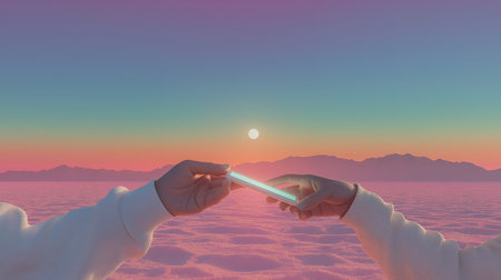 Hands holding a smartphone in the desert at sunset. 3d renderingの素材