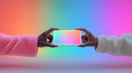 Close up of human hands holding smartphone with blank screen over colorful backgroundの素材