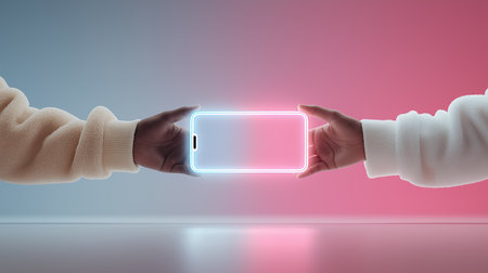 Two female hands holding smartphone with blank white screen. 3D renderingの素材