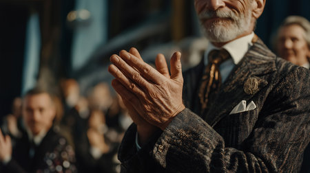 Close-up of senior man clapping hands in church. Selective focus.の素材