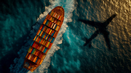 Aerial view of cargo ship and cargo plane in the ocean.の素材