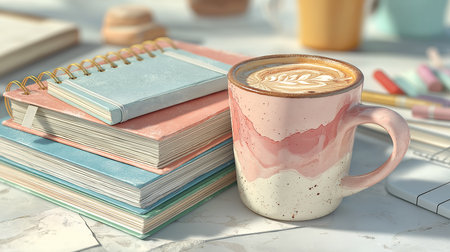 Cup of coffee with latte art and notebooks on white marble tableの素材