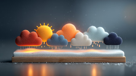 Clouds and sun in the sky. 3d illustration. Cloudy weather conceptの素材
