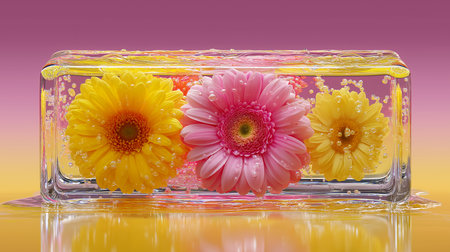 Transparent ice cube with gerbera flowers on colorful background.の素材