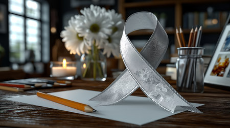 Silver ribbon on table. Breast cancer awareness concept. 3D renderingの素材