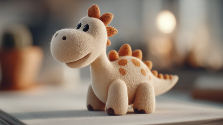 Cute toy dinosaur on table in room, closeup. Baby shower celebrationの素材