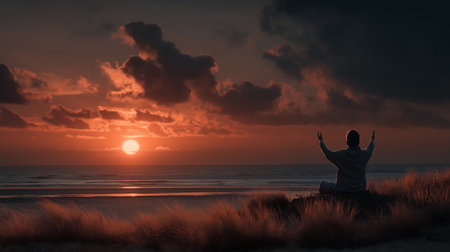 Man meditating on the beach at sunset. 3D Renderingの素材