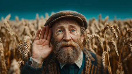 Portrait of an elderly man with a beard in a wheat field.の素材